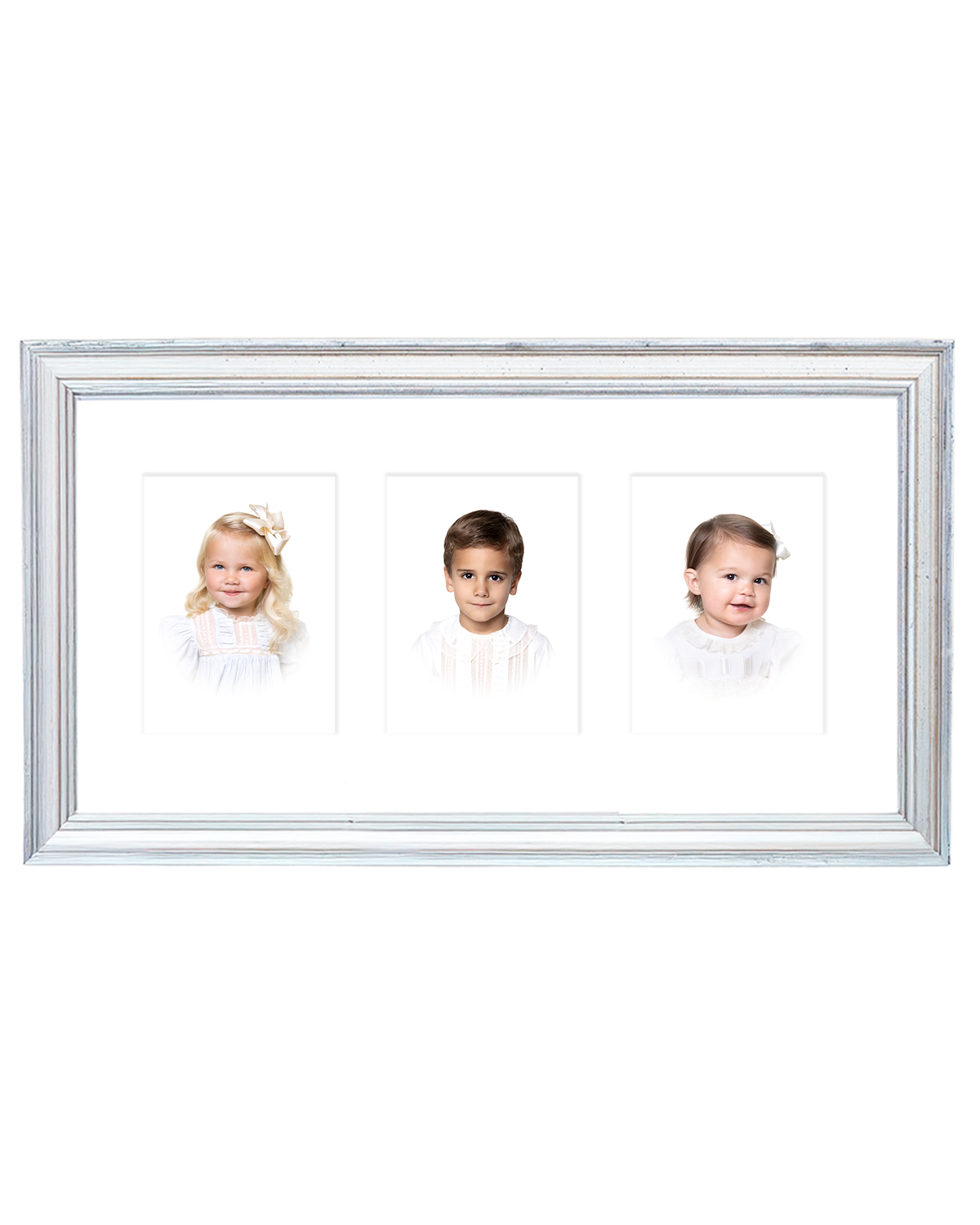 Three portrait frame with individual heirloom portrait prints displayed behind a multi-opening mat