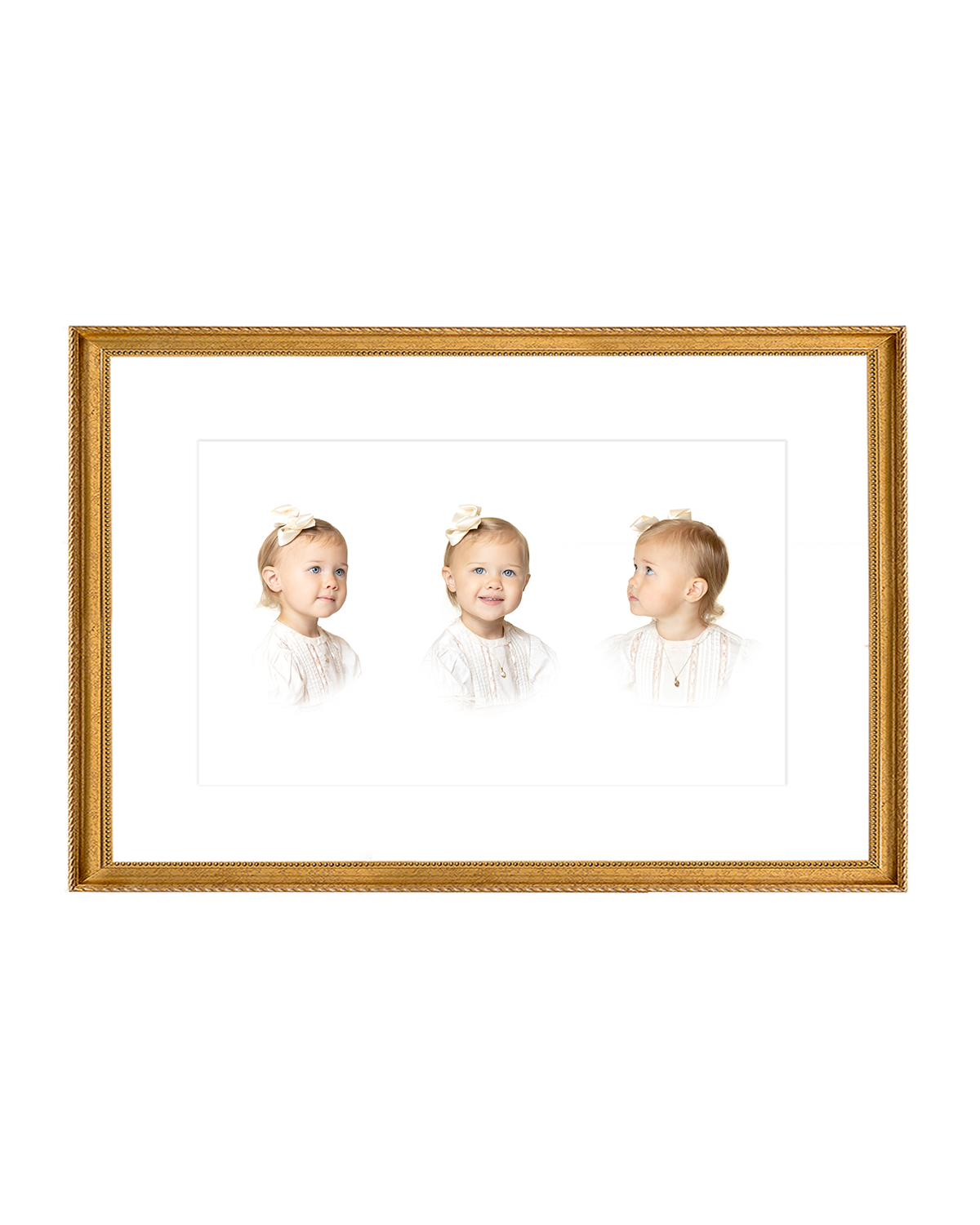 Framed heirloom portraits of a young girl with three different expressions on a white background