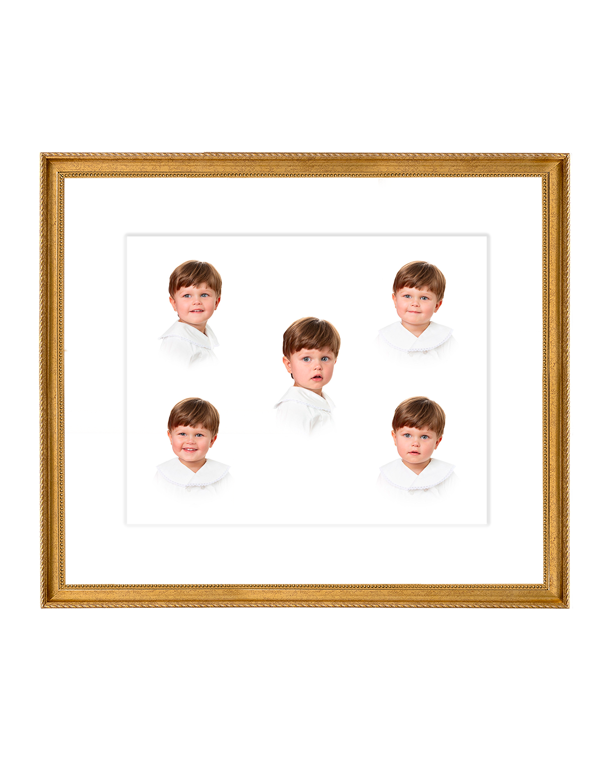 Framed portrait of a young boy with five different expressions on a white background