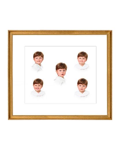 Framed portrait of a young boy with five different expressions on a white background