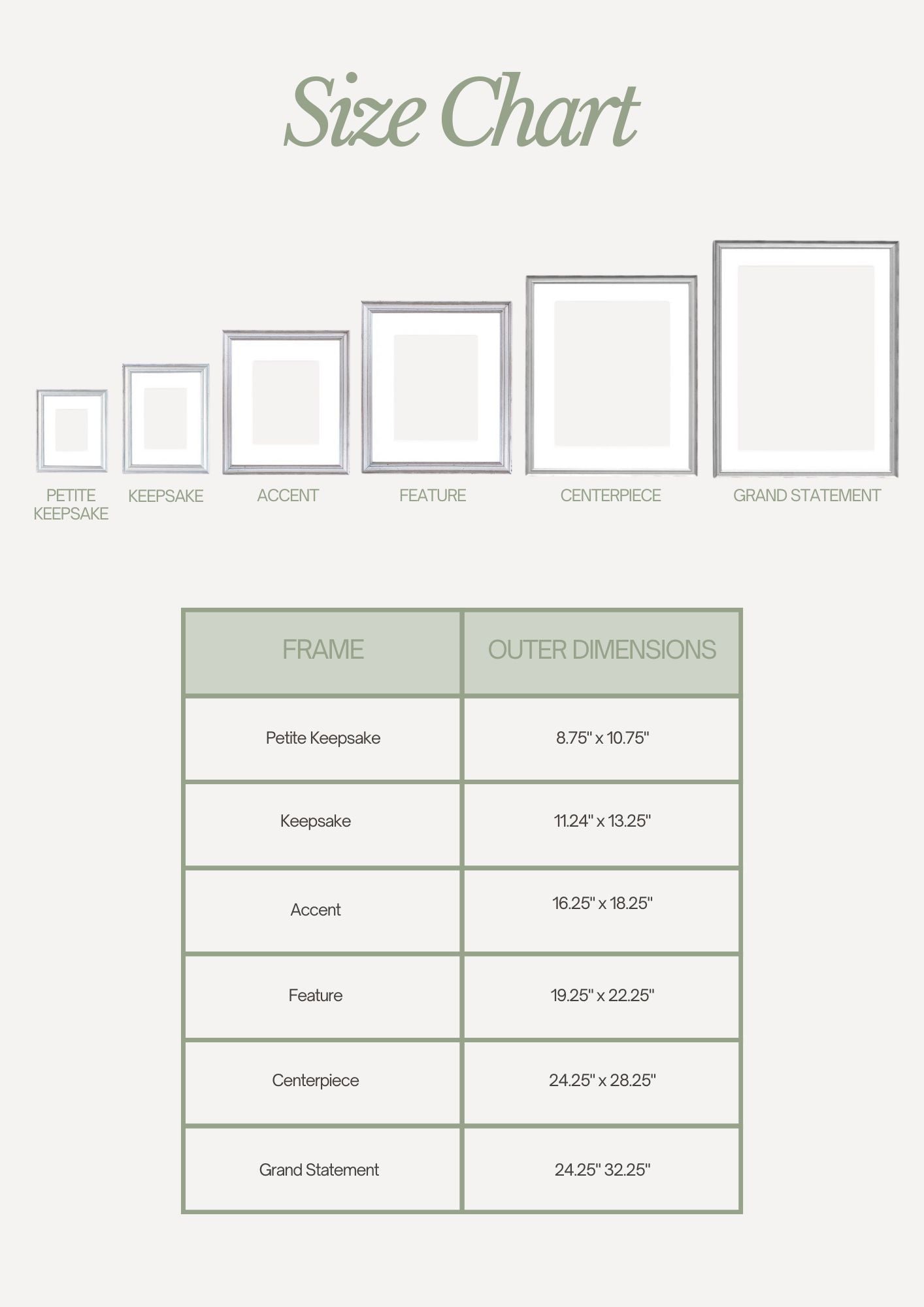 size chart of custom frames