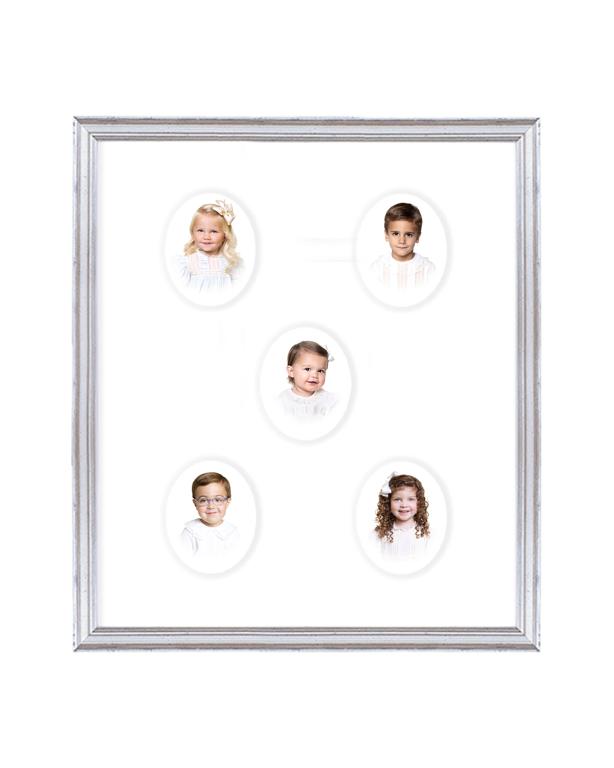 Five portrait frame displaying individual heirloom prints within a single multi-opening mat
