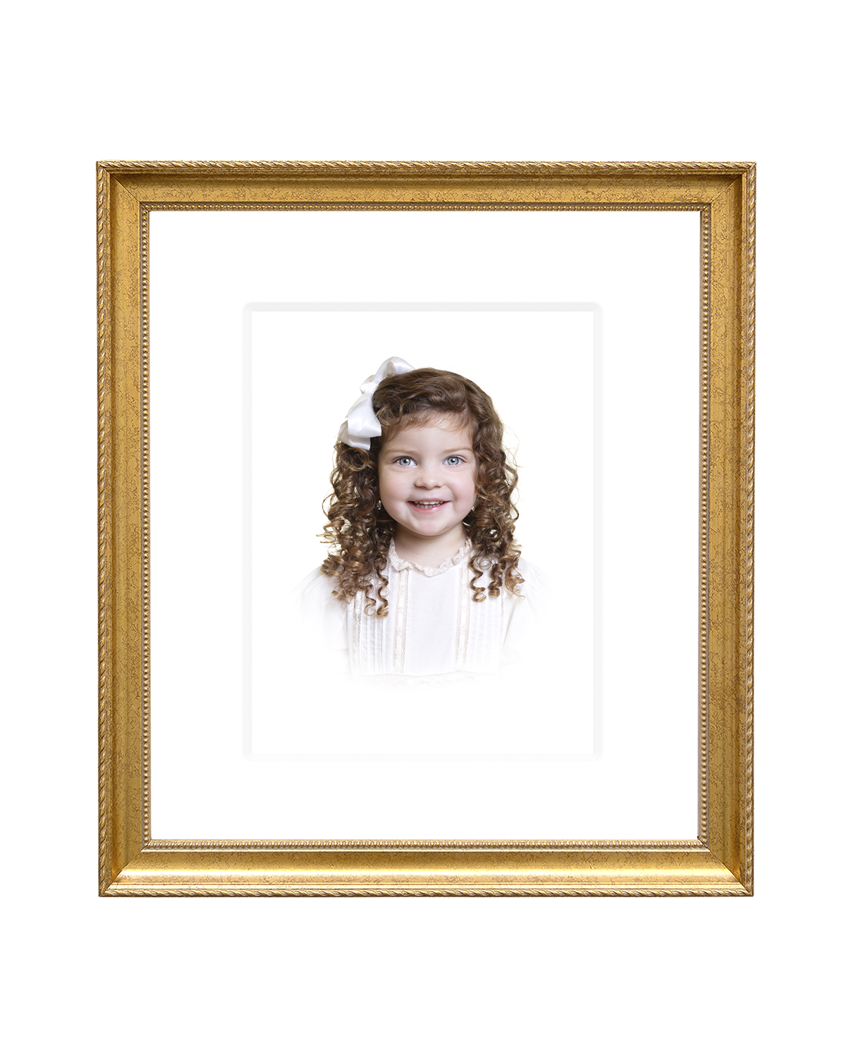 Custom Gold-framed heirloom portrait of a young girl on a white background