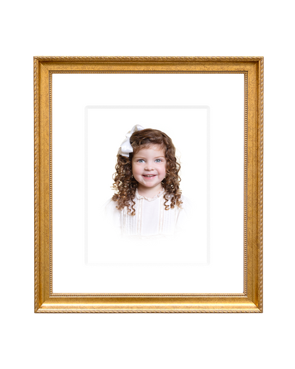 Custom Gold-framed heirloom portrait of a young girl on a white background