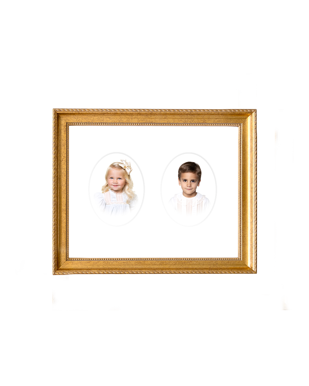 Two heirloom portrait frame displaying two individual prints with a multi-opening mat
